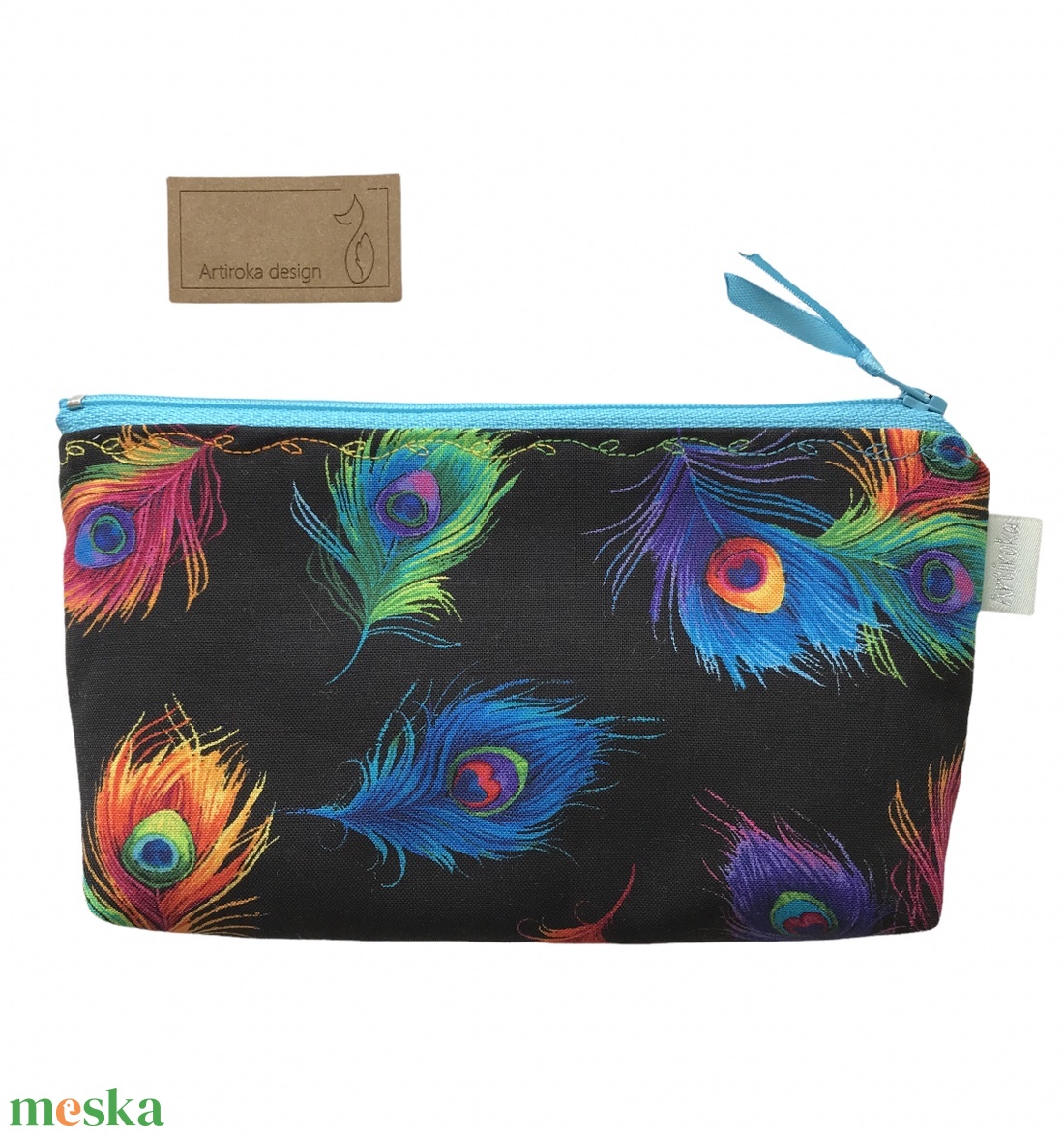 Fekete alapon színes pávatoll mintás szemüvegtok vagy tolltartó neszesszer - Artiroka design - táska & tok - neszesszer - Meska.hu