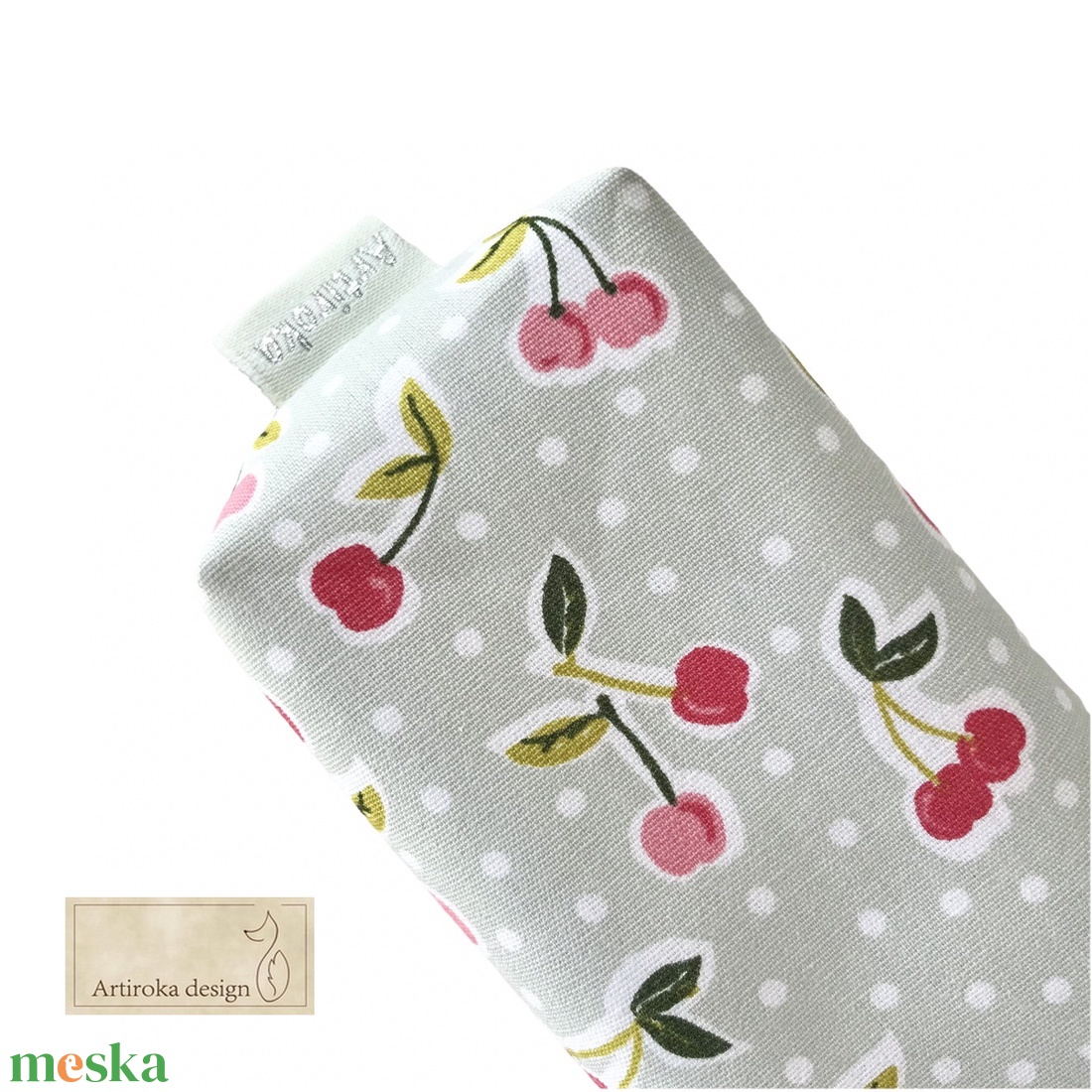 Cseresznye mintás, prémium pamut zsebkendőtartó pasztell zöld színben -  Artiroka design  - táska & tok - pénztárca & más tok - zsebkendőtartó tok - Meska.hu
