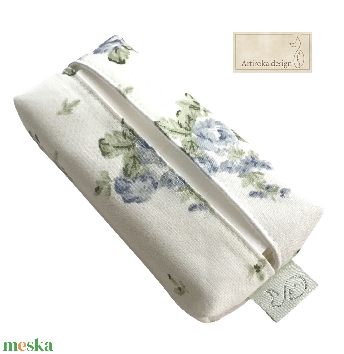 Kék - fehér rózsa mintás pamut textilből készült papírzsebkendő tartó- Artiroka design - táska & tok - pénztárca & más tok - zsebkendőtartó tok - Meska.hu