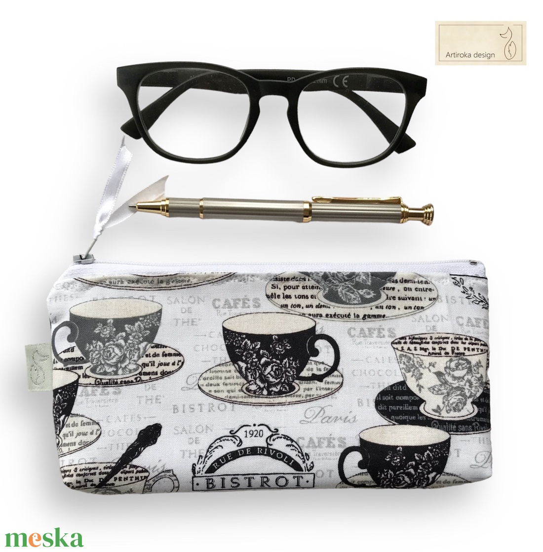 Párizsban egy kávé? - Antik csésze mintás  tolltartó neszesszer vagy szemüvegtok - Artiroka design - táska & tok - pénztárca & más tok - kártyatartó & irattartó - Meska.hu