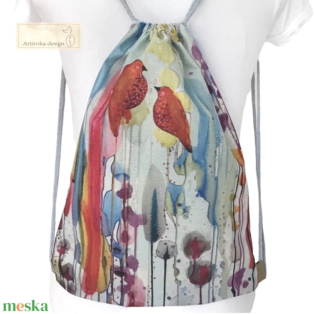 Madarak a nádasban - egyedi akvarell mintás hátizsák  - EGYEDI DARAB - Artiroka design - táska & tok - hátizsák - tornazsák, gymbag - Meska.hu