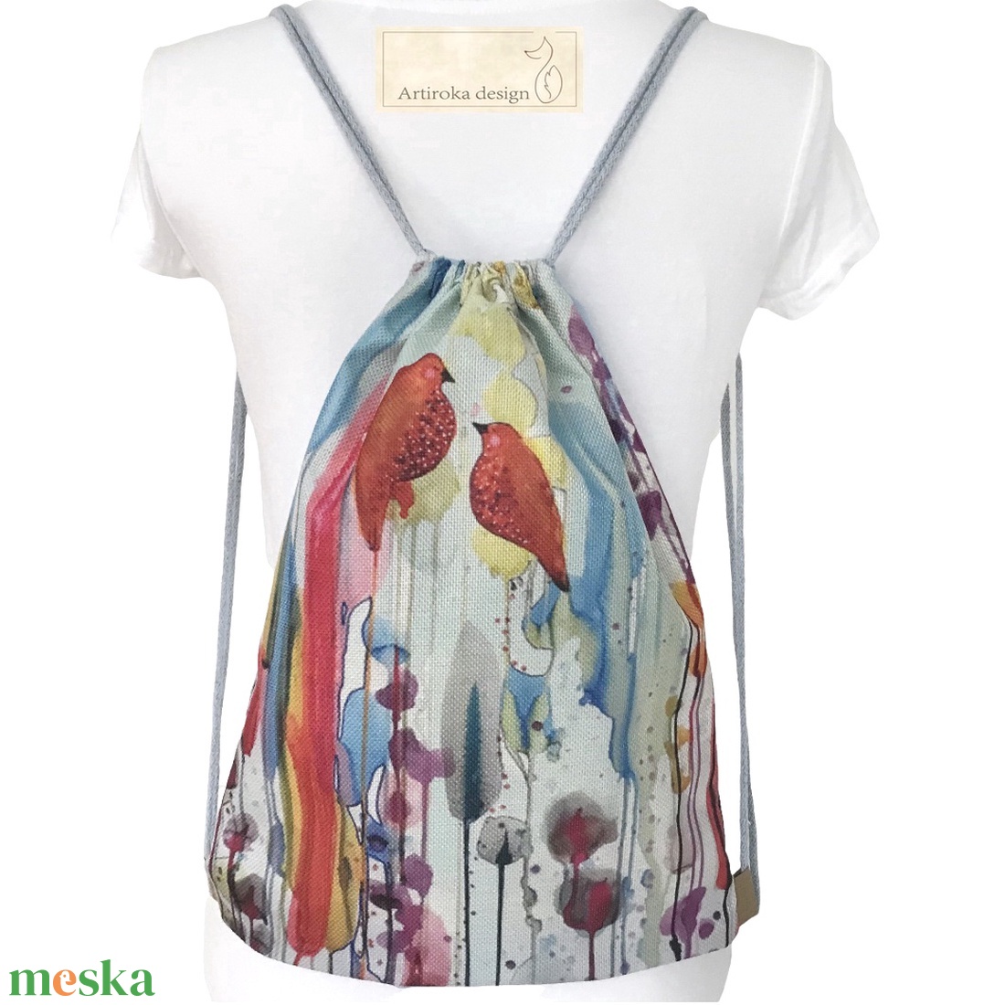 Madarak a nádasban - egyedi akvarell mintás hátizsák  - EGYEDI DARAB - Artiroka design - táska & tok - hátizsák - tornazsák, gymbag - Meska.hu