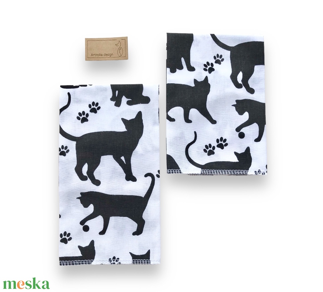 Fekete macska mintás zsebkendő vagy szalvéta szett - NoWaste - Artiroka design - otthon & életmód - konyhafelszerelés, tálalás - konyhai textil - szalvéta - Meska.hu