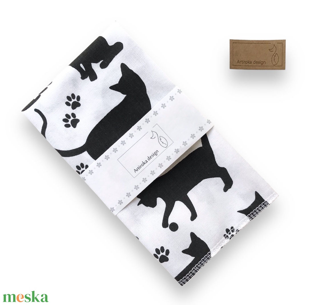 Fekete macska mintás zsebkendő vagy szalvéta szett - NoWaste - Artiroka design - otthon & életmód - konyhafelszerelés, tálalás - konyhai textil - szalvéta - Meska.hu