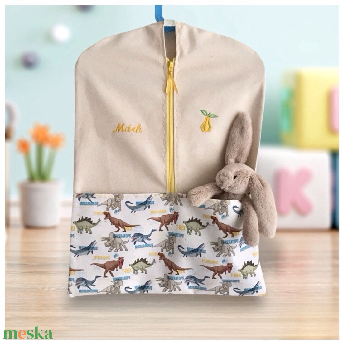 Dinó - dinoszaurusz mintás prémium pamut,  ÓVODAI / OVIS ZSÁK választható mintával, szettben is  - Artiroka design - játék & sport - ovis felszerelés - ovis zsák - Meska.hu
