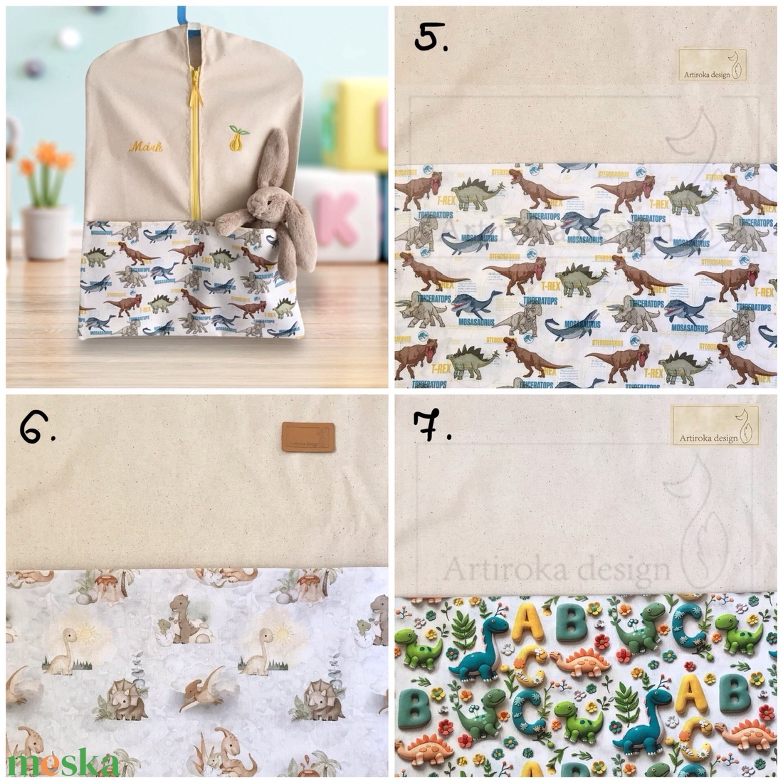 Dinó - dinoszaurusz mintás prémium pamut,  ÓVODAI / OVIS ZSÁK választható mintával, szettben is  - Artiroka design - játék & sport - ovis felszerelés - ovis zsák - Meska.hu