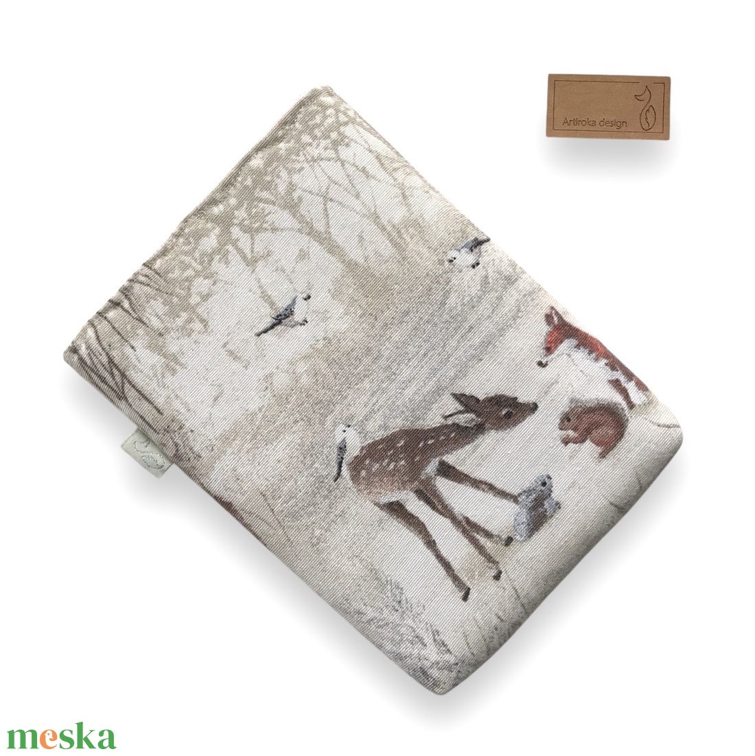 Kisméretű KÖNYVTOK, vagy e-Book tok gombos zárral - róka, mókus, őz nyuszi és cinege madarak mintával - Artiroka design - táska & tok - ebook & tablet tok - Meska.hu