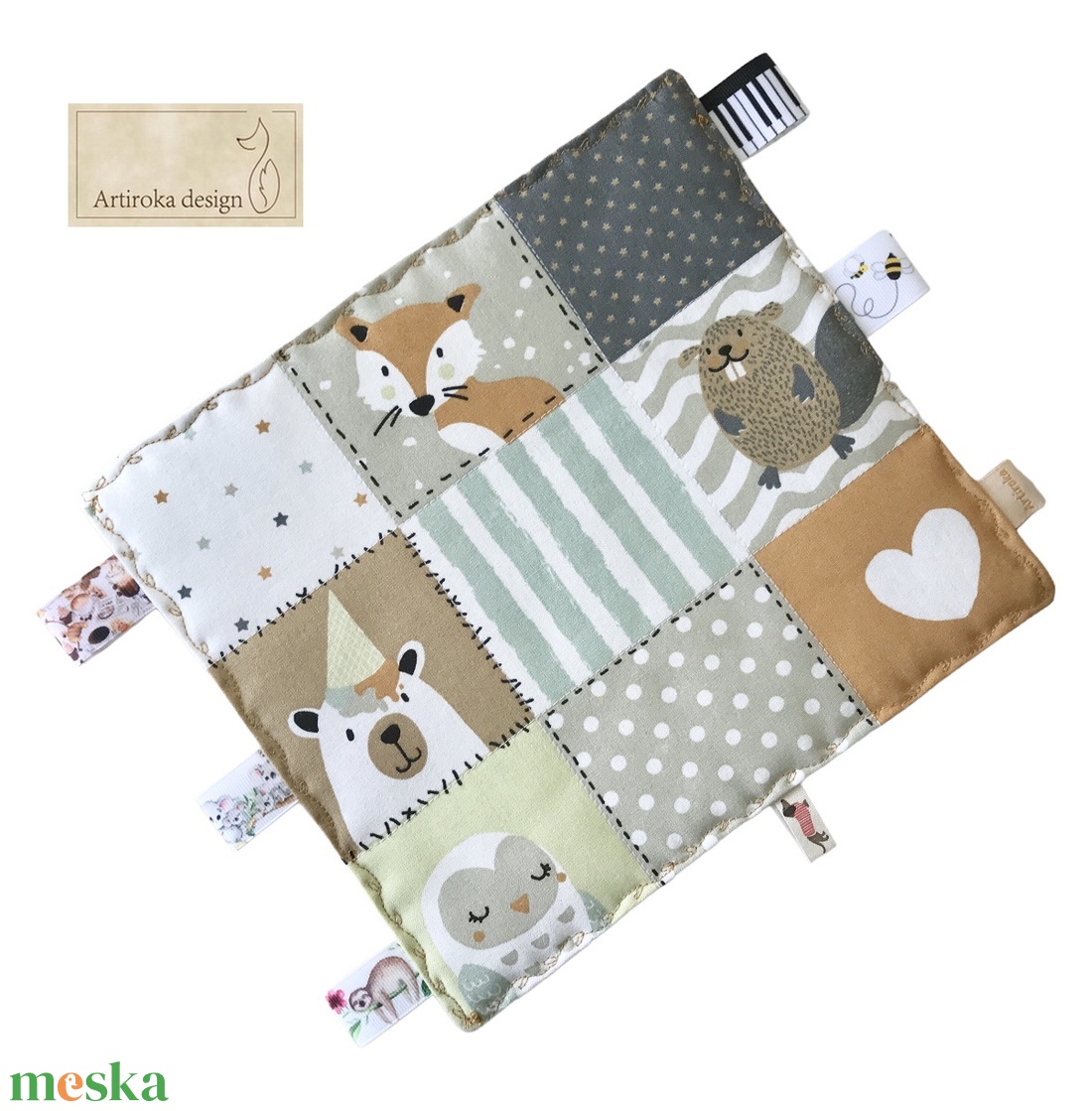 Róka, mackó, mosómedve, hód, pingvin és bagoly mintás  címkekendő, készségfejlesztő babajáték - Artiroka design - játék & sport - 3 éves kor alattiaknak - alvóka & rongyi - Meska.hu