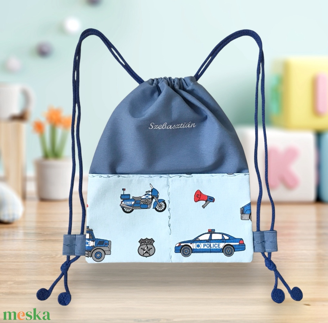 Rendőrautó mintás hátizsák, ovis zsák, gymbag tornazsák - ÓVODA - Artiroka design - játék & sport - ovis felszerelés - ovis hátizsák - Meska.hu