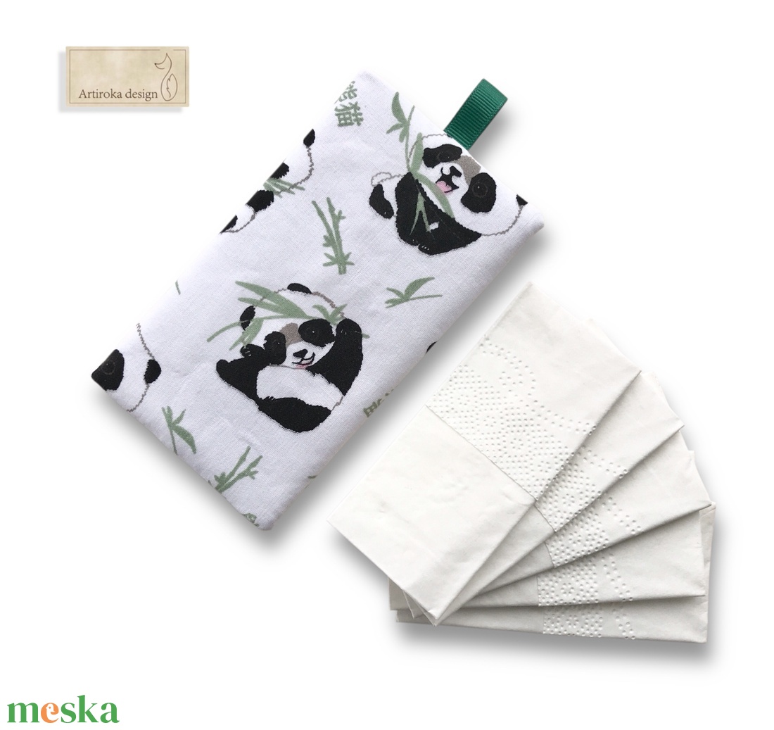 Panda mackó mintás pamut textil papírzsebkendő tartó -  Artiroka design - táska & tok - pénztárca & más tok - zsebkendőtartó tok - Meska.hu