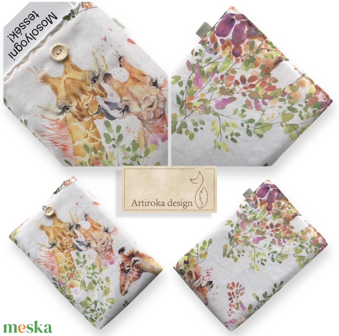 Bélelt KÖNYVTOK zsiráf család mintával, gombos zárral  - Artiroka design - könyv & zene - könyvtok - Meska.hu
