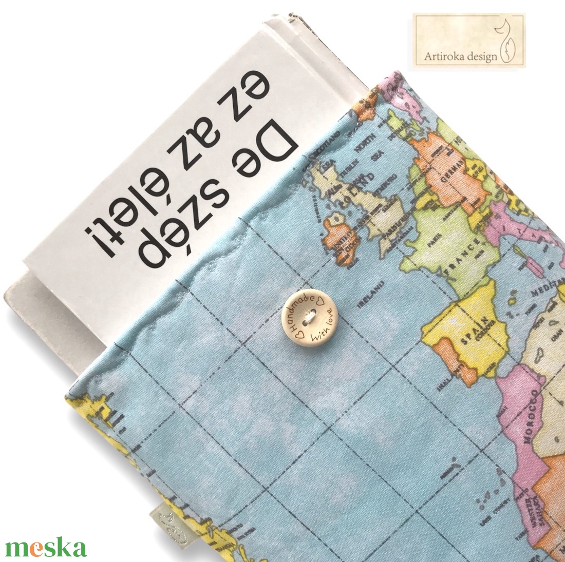 VILÁGJÁRÓ, térkép és földrészek mintás  könyvtok, gombos zárral - Artiroka design - könyv & zene - könyvtok - Meska.hu