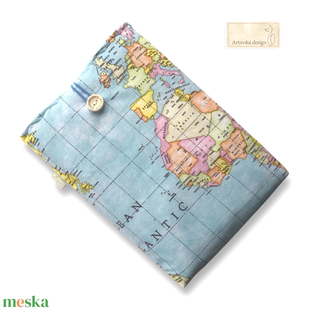 VILÁGJÁRÓ, térkép és földrészek mintás  könyvtok, gombos zárral - Artiroka design - könyv & zene - könyvtok - Meska.hu