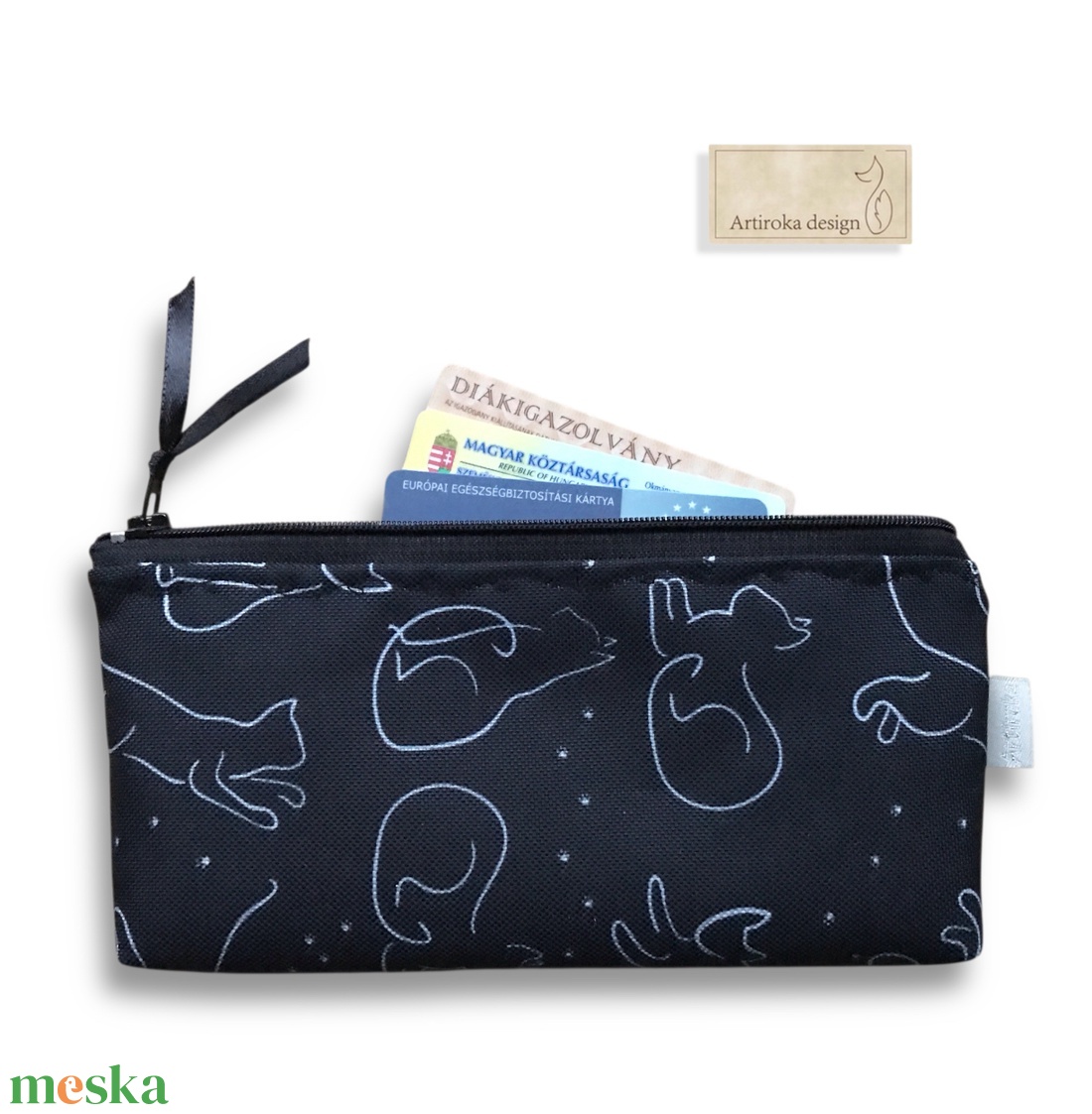 Fekete macska mintás VÍZÁLLÓ irattartó pénztárca vagy tolltartó neszesszer, szemüvegtok - SZETT - Artiroka design - táska & tok - neszesszer - Meska.hu