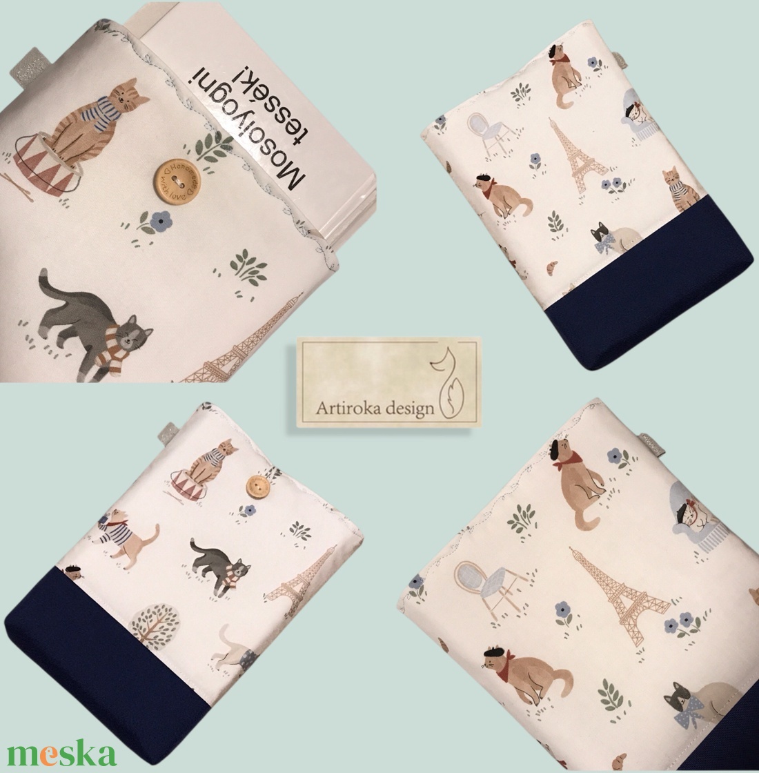 Könyvtok - Párizsi macskaságok mintával -  Artiroka design - könyv & zene - könyvtok - Meska.hu