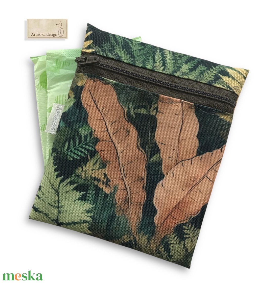 VÍZÁLLÓ egészségügyi betét tartó levelek és páfrányok mintával - Artiroka - szépségápolás - intim higiénia - egészségügyi tartó - Meska.hu