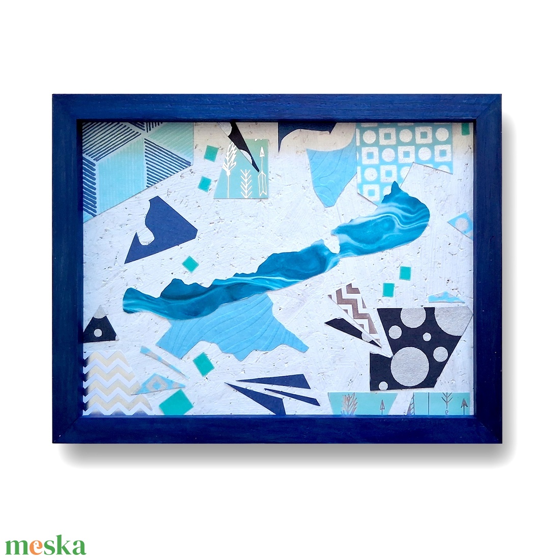 Absztrakt Balaton / 26x20cm / színes, papír, akasztóval, kerettel - ezüst, türkiz, kék - művészet - kollázs - Meska.hu