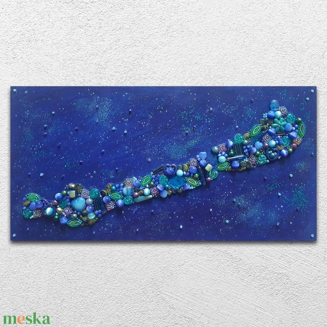 Balatoni Kincsek 30x15cm festmény és kollázs bizsukkal, gyöngyökkel - művészet - kollázs - Meska.hu
