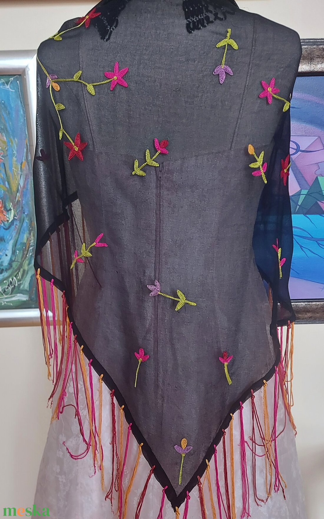 Alkalmi selyem sál kézi hímzéssel  - ruha & divat - sál, sapka, kendő - stóla - Meska.hu