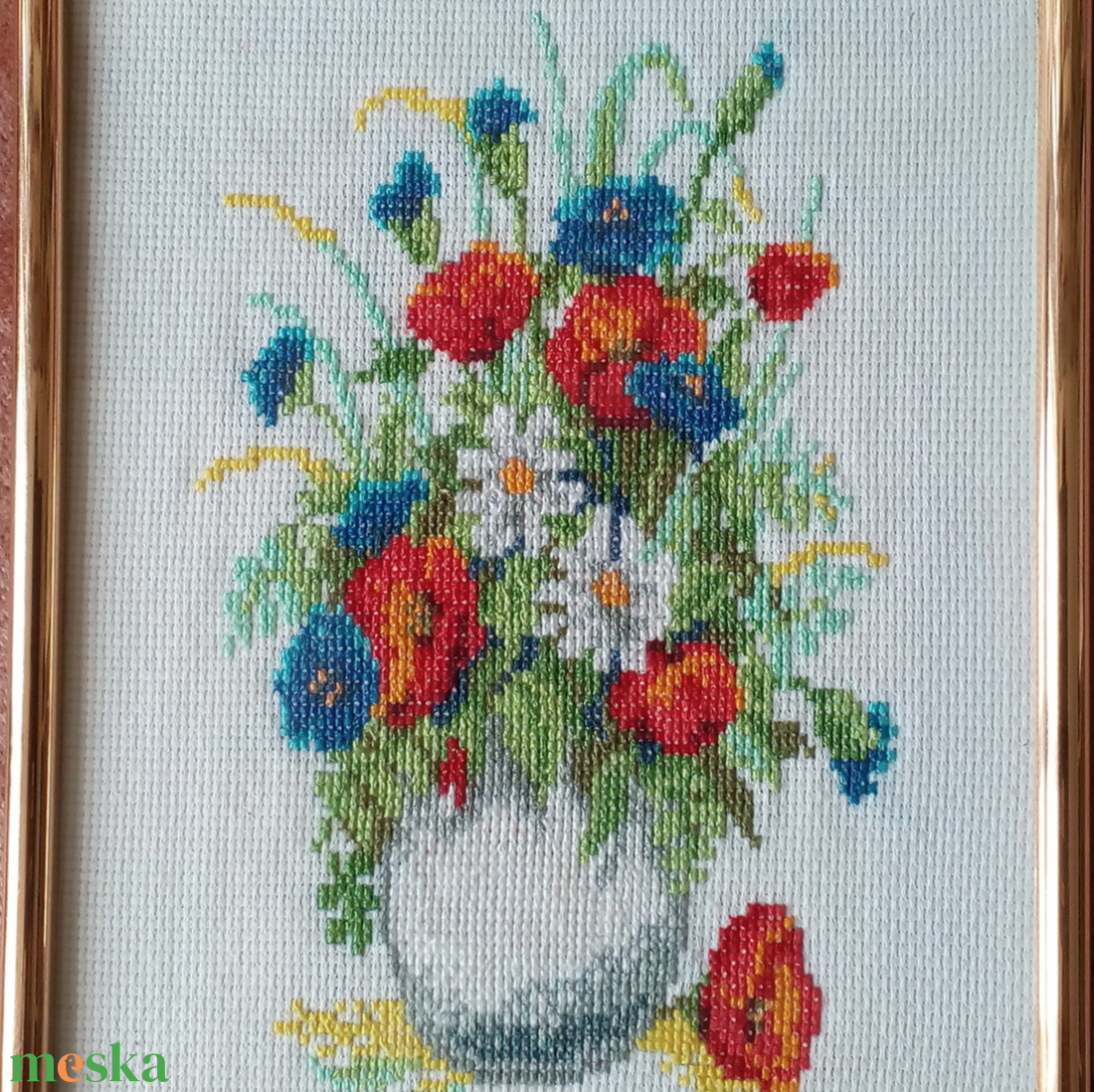 Keretezett falikép gobelin hímzéssel, virágcsokor - művészet - textilkép - gobelin - Meska.hu