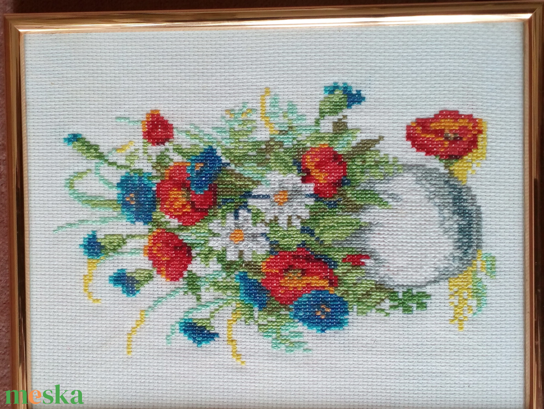 Keretezett falikép gobelin hímzéssel, virágcsokor - művészet - textilkép - gobelin - Meska.hu