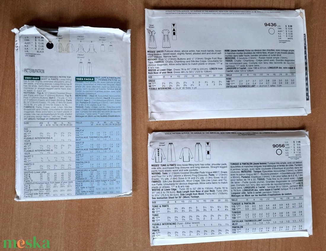 Szabásminta csomagok (Butterick, Vogue) - diy (csináld magad) - szabásminta, útmutató - varrás minták - Meska.hu