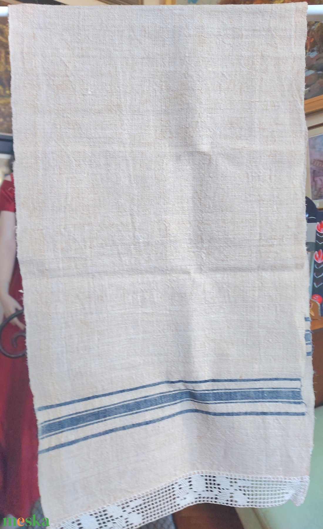 Szövött  nyersvászon dísztörölköző horgolt széllel - otthon & életmód - fürdőszoba - törölköző - Meska.hu