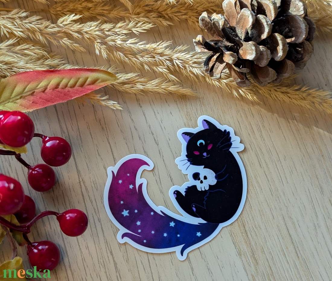 Fekete macska koponyával � vízálló matrica - otthon & életmód - papír, írószer - matrica, matrica csomag - Meska.hu