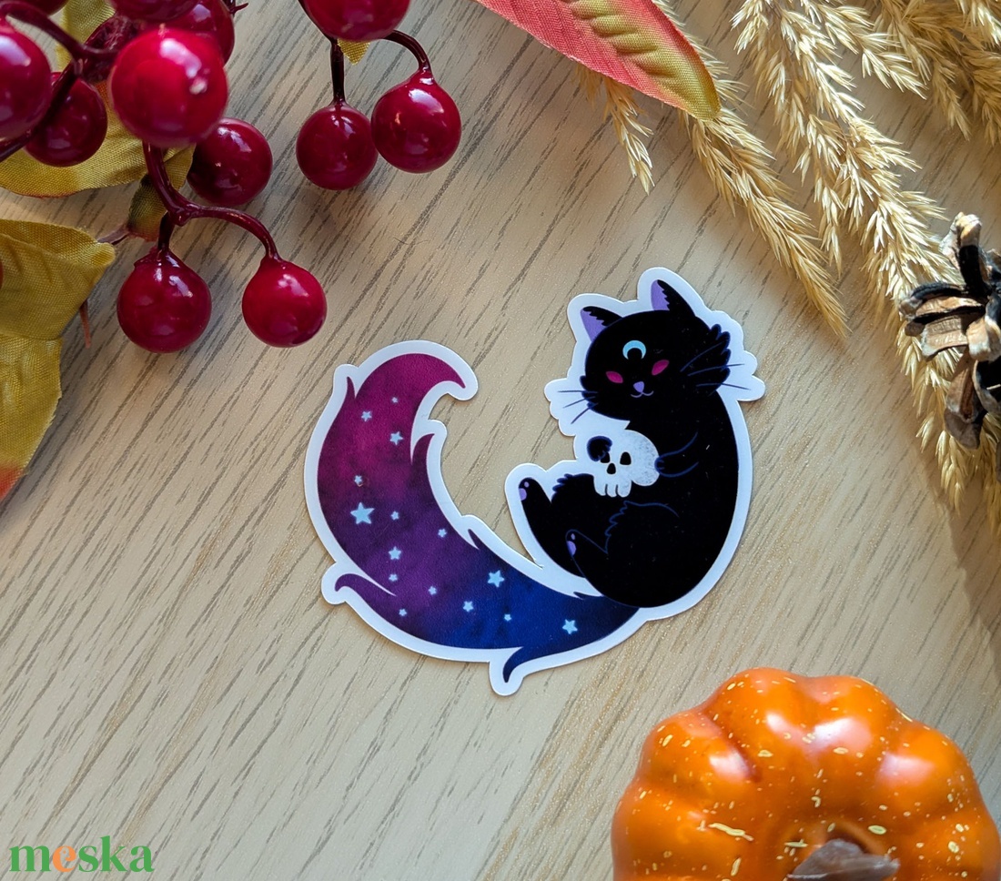 Fekete macska koponyával � vízálló matrica - otthon & életmód - papír, írószer - matrica, matrica csomag - Meska.hu