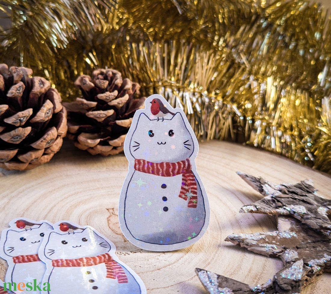 Hóember-cica matrica - Cuki karácsonyi dekoráció - otthon & életmód - papír, írószer - matrica, matrica csomag - Meska.hu