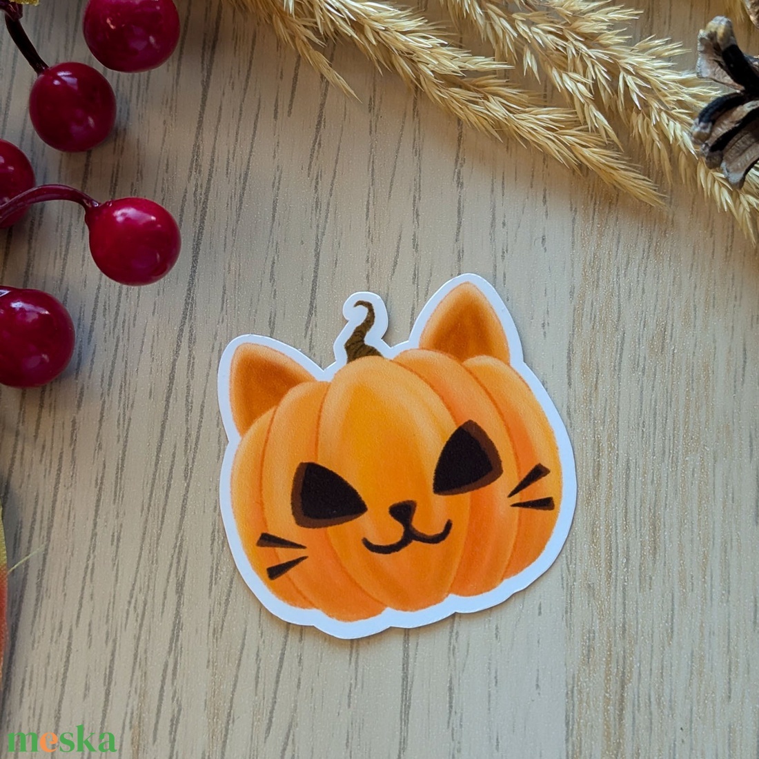 Halloween tök-cica vinyl matrica - Cuki kis huncut cicás illusztráció - otthon & életmód - papír, írószer - matrica, matrica csomag - Meska.hu