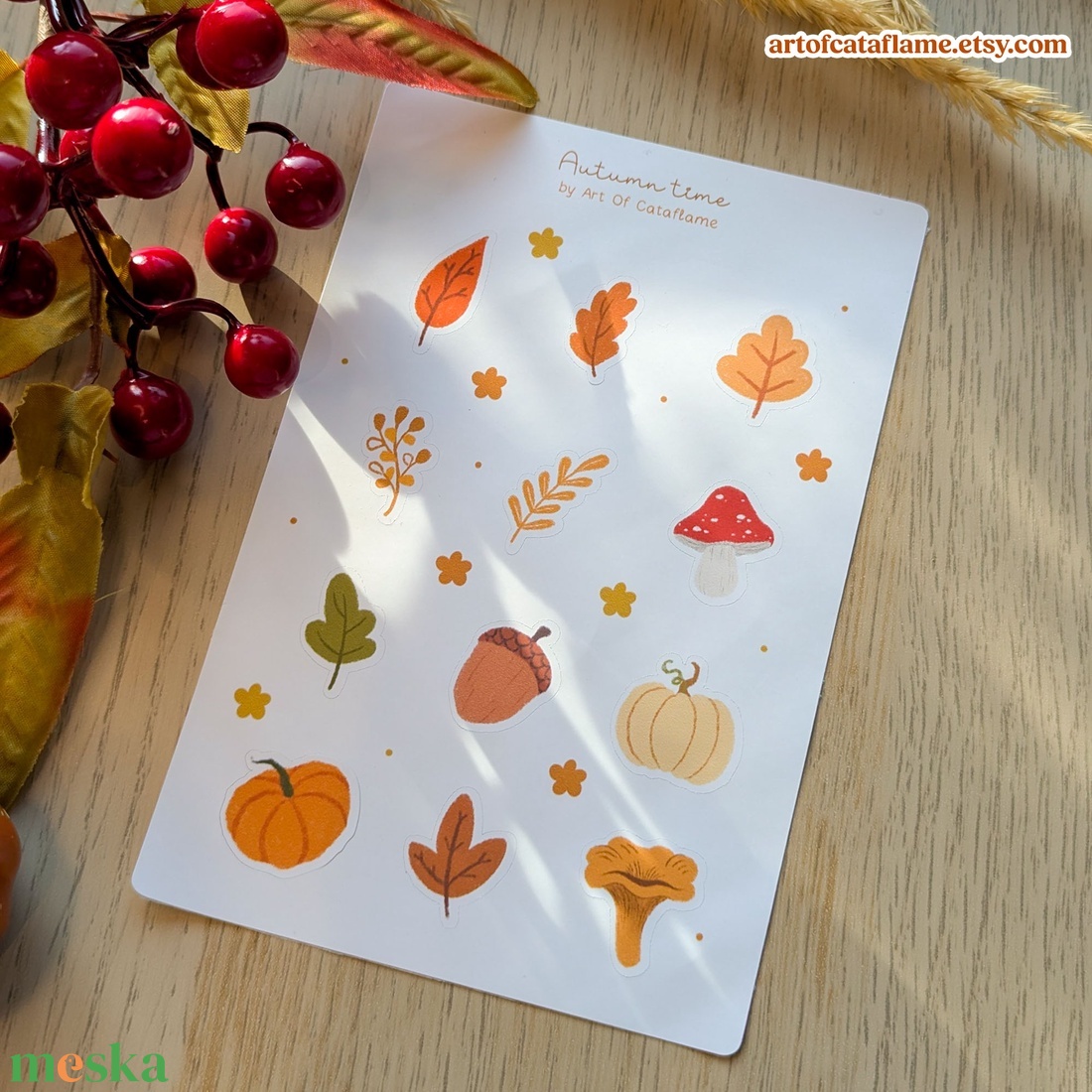 Hangulatos cottagecore matricaszett - Őszi levelek és gombák dekorációs matricák - kellékek & szerszámok - dekorációs kellékek - matricaív - Meska.hu