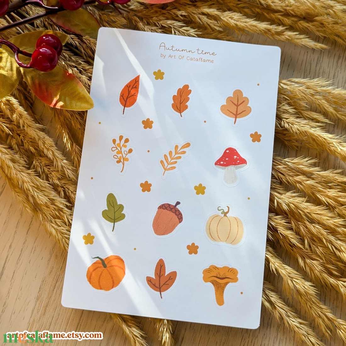 Hangulatos cottagecore matricaszett - Őszi levelek és gombák dekorációs matricák - kellékek & szerszámok - dekorációs kellékek - matricaív - Meska.hu
