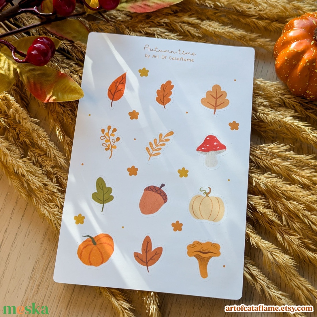 Hangulatos cottagecore matricaszett - Őszi levelek és gombák dekorációs matricák - kellékek & szerszámok - dekorációs kellékek - matricaív - Meska.hu