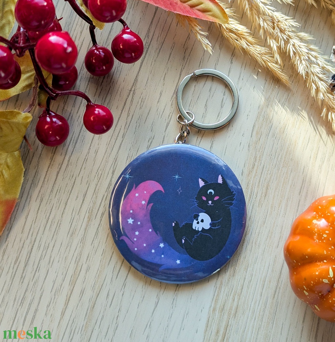 Fekete cicás koponyás kulcstartó - táska & tok - kulcstartó & táskadísz - kulcstartó - Meska.hu