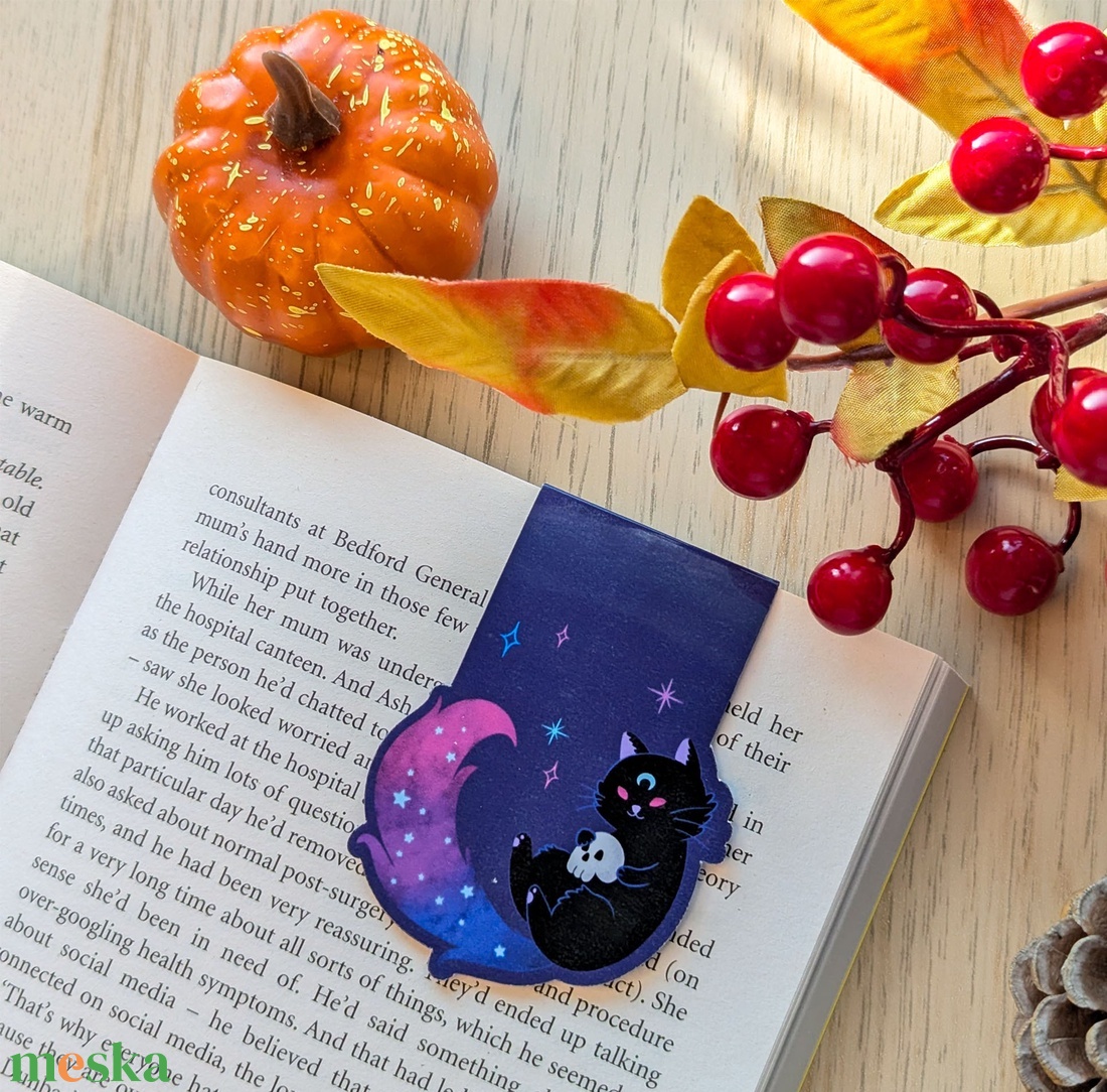 Fekete cicás koponyás mágneses könyvjelző - könyv & zene - könyvjelző - Meska.hu