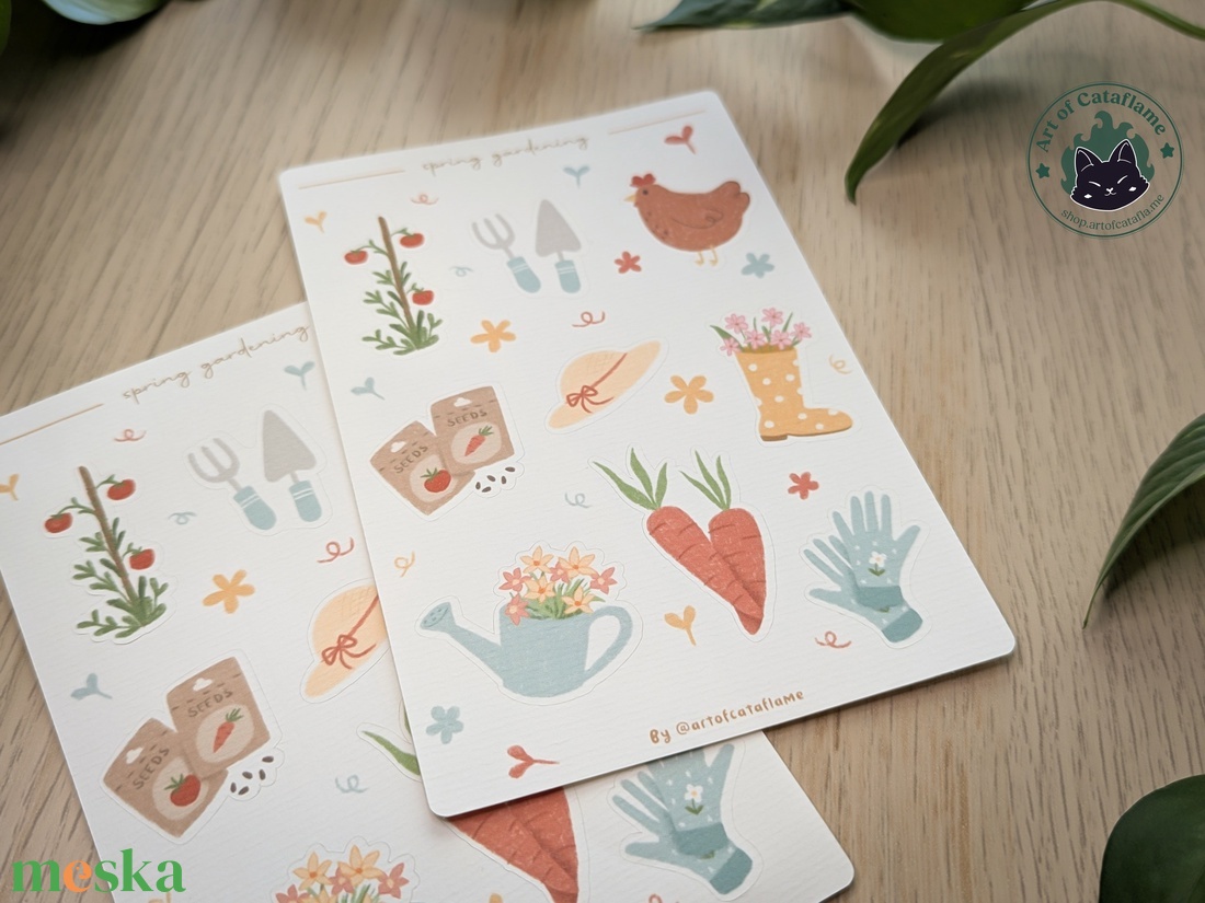 Kézzel rajzolt, tavaszi kert témájú tervező matricák - Cottagecore matricaszett - kellékek & szerszámok - dekorációs kellékek - matricaív - Meska.hu
