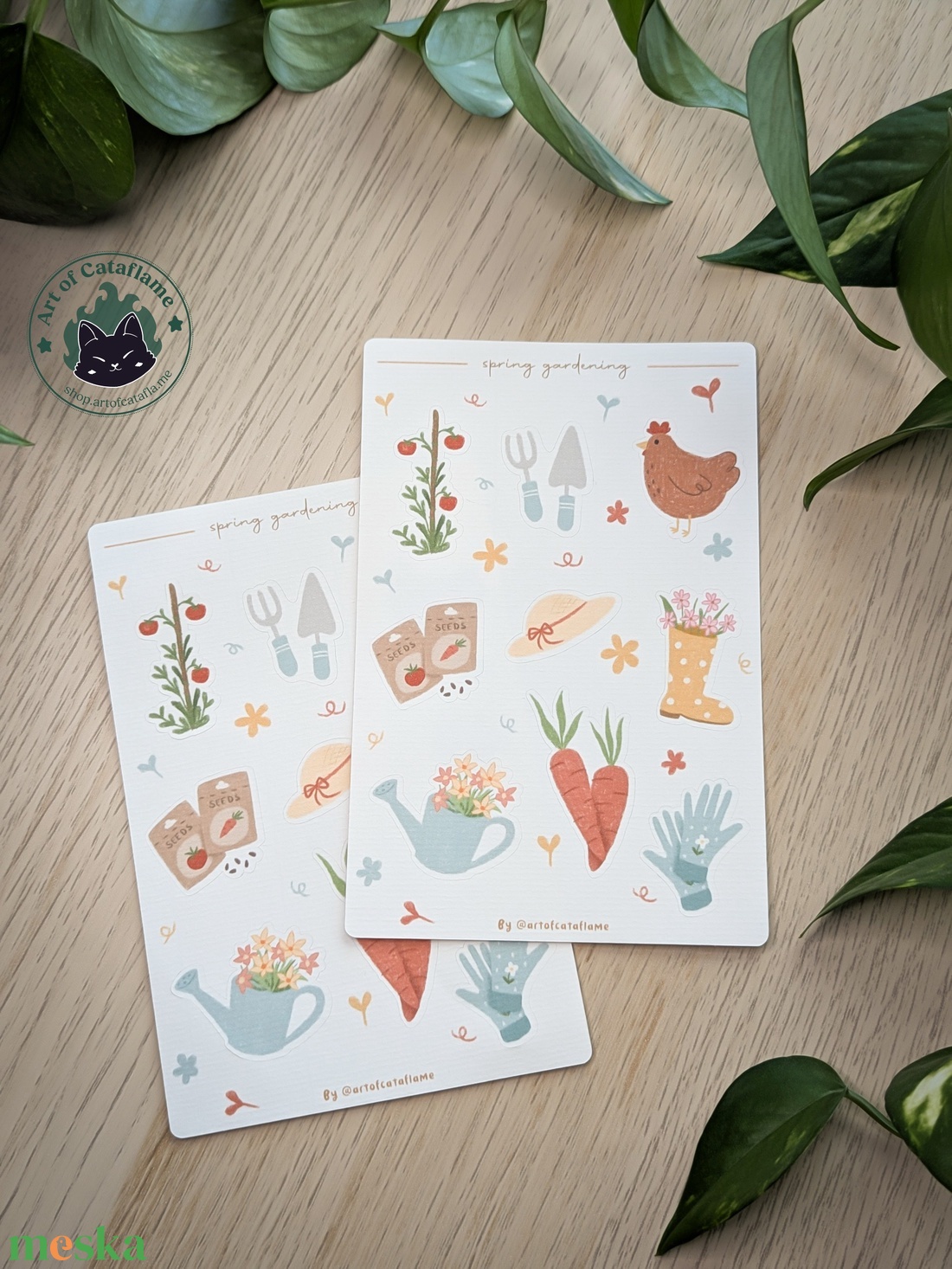 Kézzel rajzolt, tavaszi kert témájú tervező matricák - Cottagecore matricaszett - kellékek & szerszámok - dekorációs kellékek - matricaív - Meska.hu