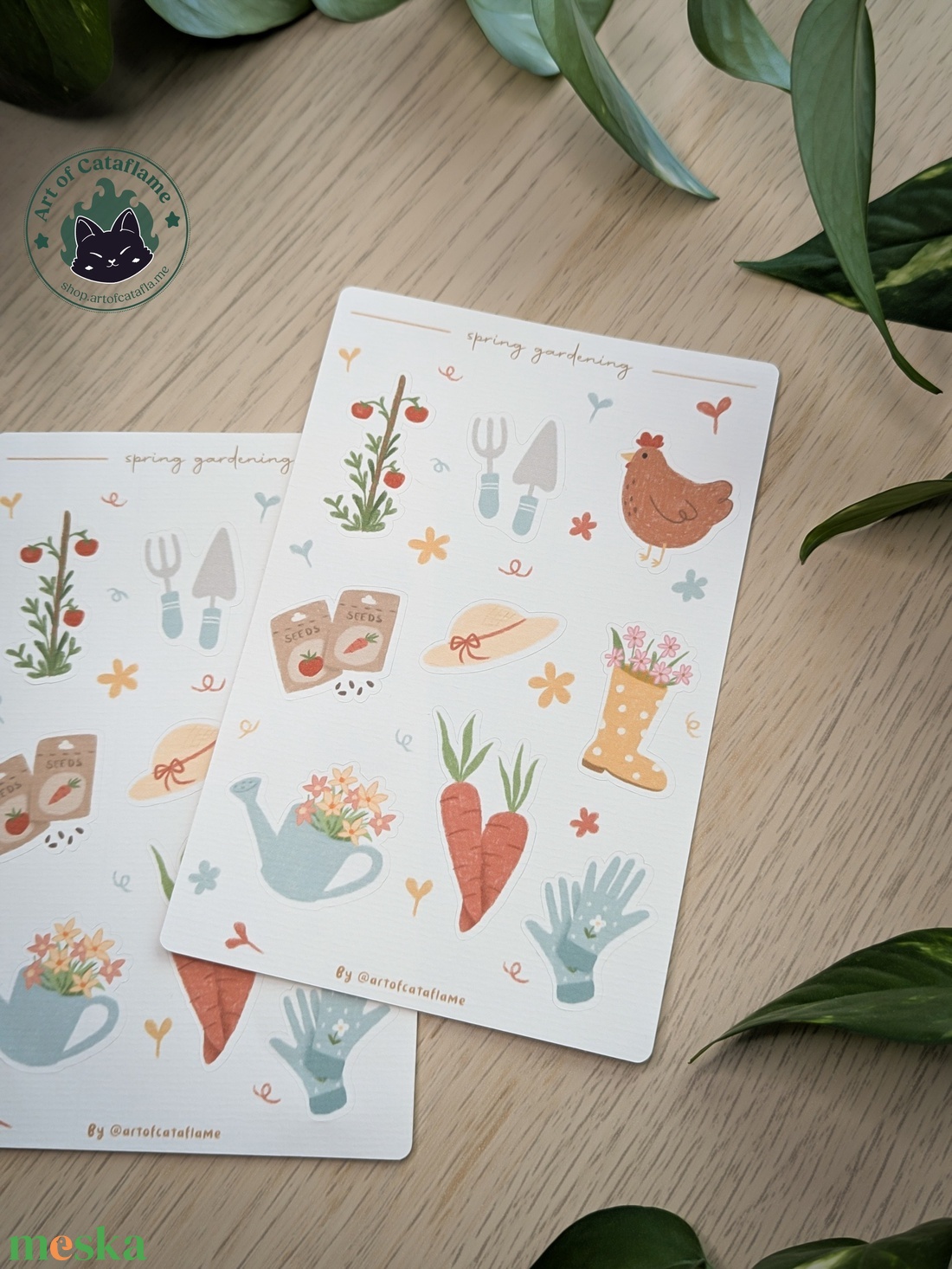 Kézzel rajzolt, tavaszi kert témájú tervező matricák - Cottagecore matricaszett - kellékek & szerszámok - dekorációs kellékek - matricaív - Meska.hu