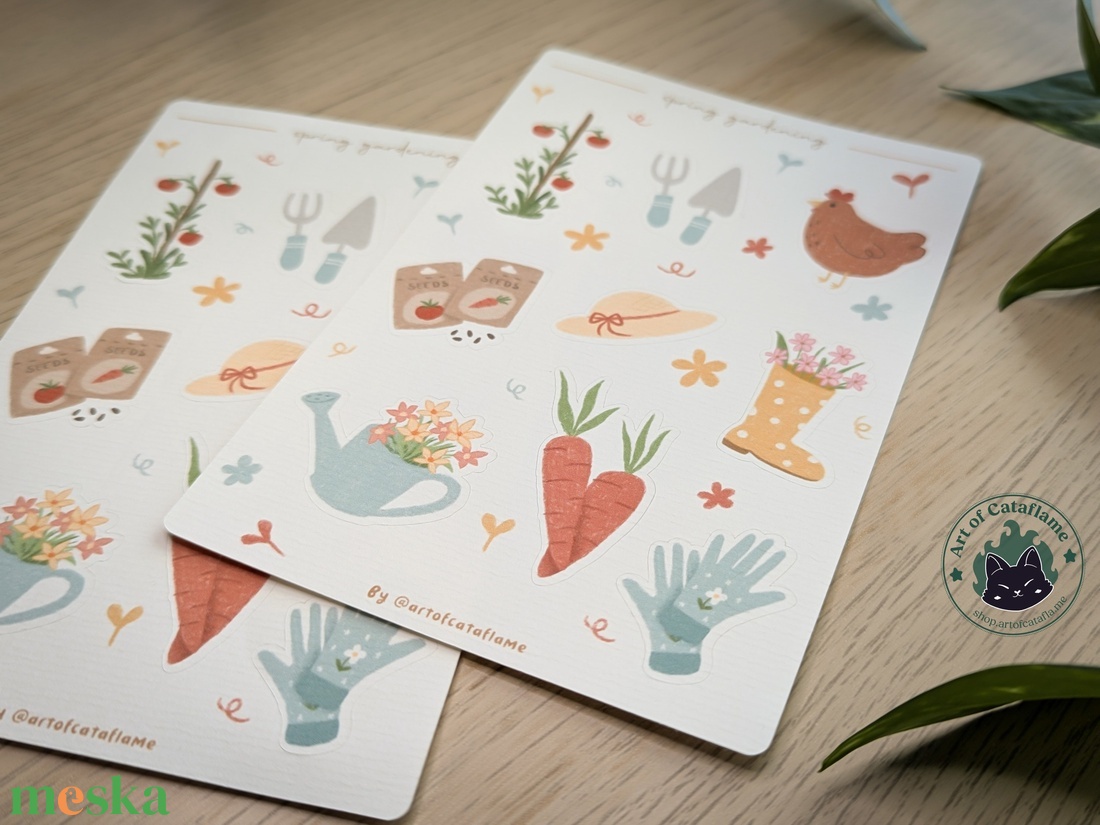 Kézzel rajzolt, tavaszi kert témájú tervező matricák - Cottagecore matricaszett - kellékek & szerszámok - dekorációs kellékek - matricaív - Meska.hu