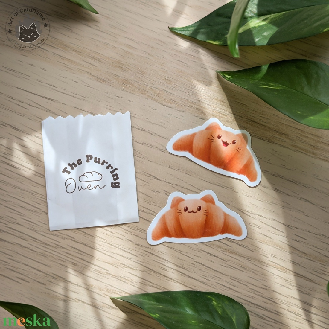 Croissant cica matricák - Kézzel rajzolt, péksüteményes macskás dekor - otthon & életmód - papír, írószer - matrica, matrica csomag - Meska.hu