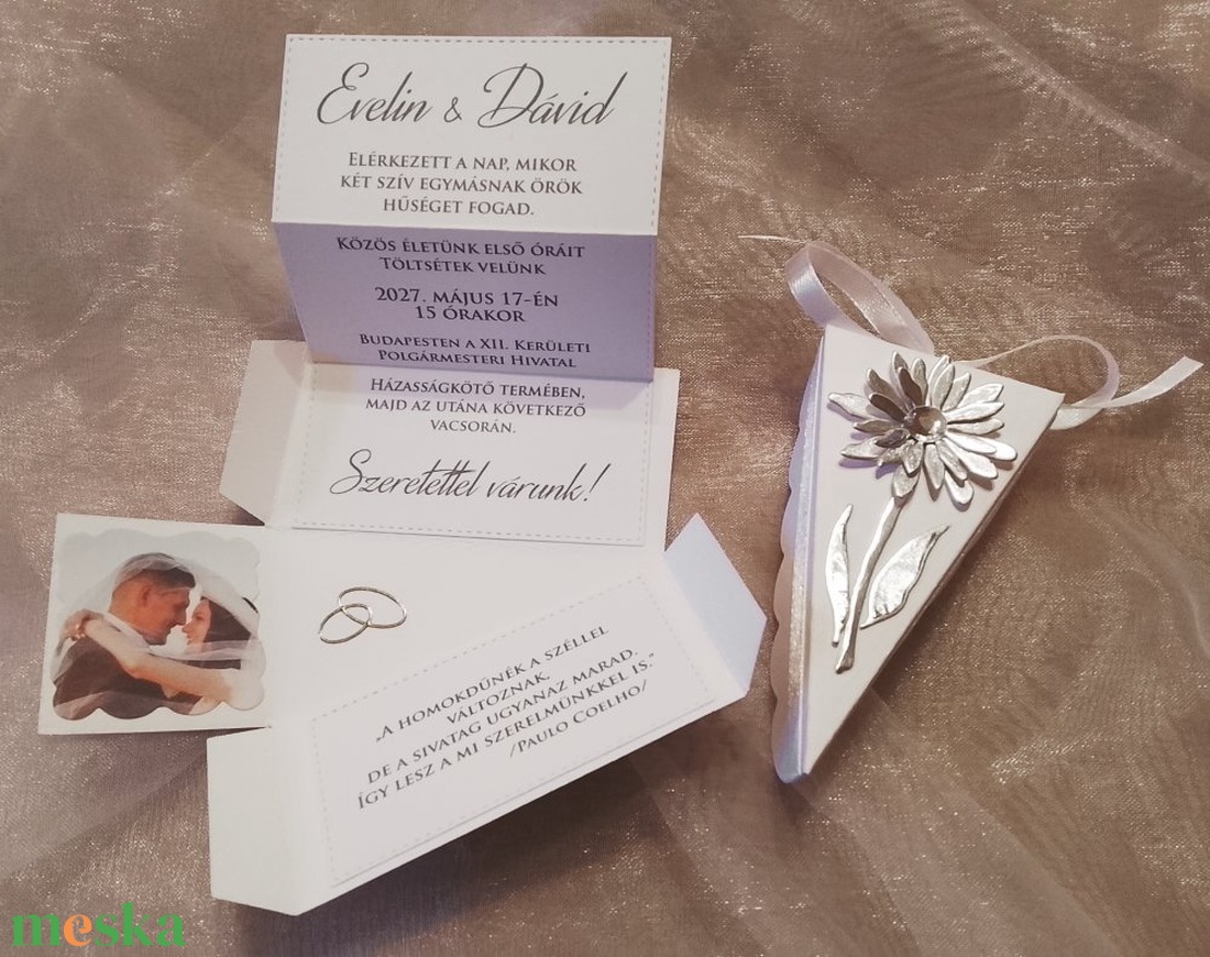 Esküvői meghívó - tortaszelet ezüst százszorszéppel - esküvő - meghívó & kártya - meghívó - Meska.hu