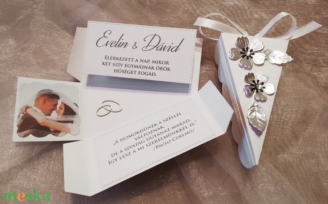 Esküvői meghívó - tortaszelet ezüst cseresznyevirágokkal - esküvő - meghívó & kártya - meghívó - Meska.hu