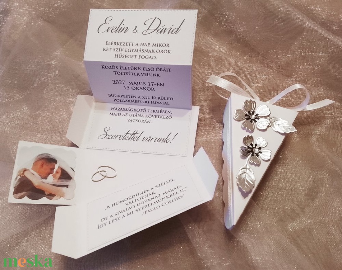 Esküvői meghívó - tortaszelet ezüst cseresznyevirágokkal - esküvő - meghívó & kártya - meghívó - Meska.hu