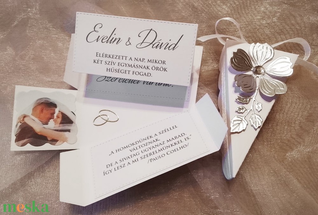 Esküvői meghívó - tortaszelet ezüst cseresznyevirággal - esküvő - meghívó & kártya - meghívó - Meska.hu