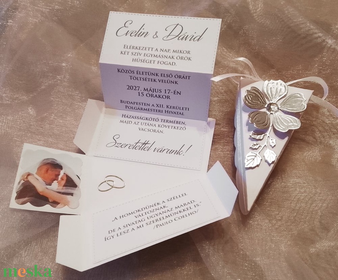 Esküvői meghívó - tortaszelet ezüst cseresznyevirággal - esküvő - meghívó & kártya - meghívó - Meska.hu