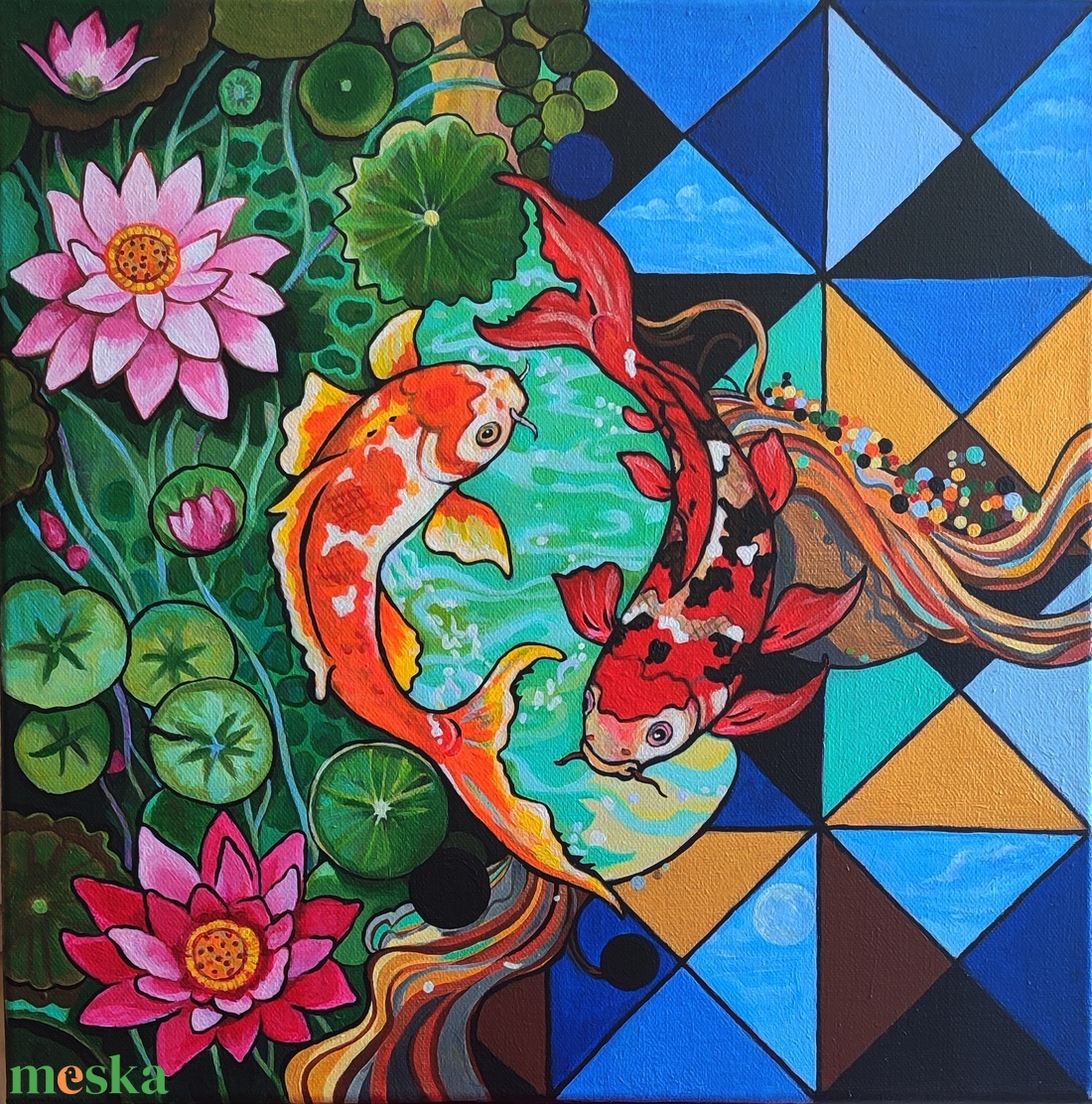 Koi halak jó szerencse brokátponty festmény - művészet - festmény - akril - Meska.hu
