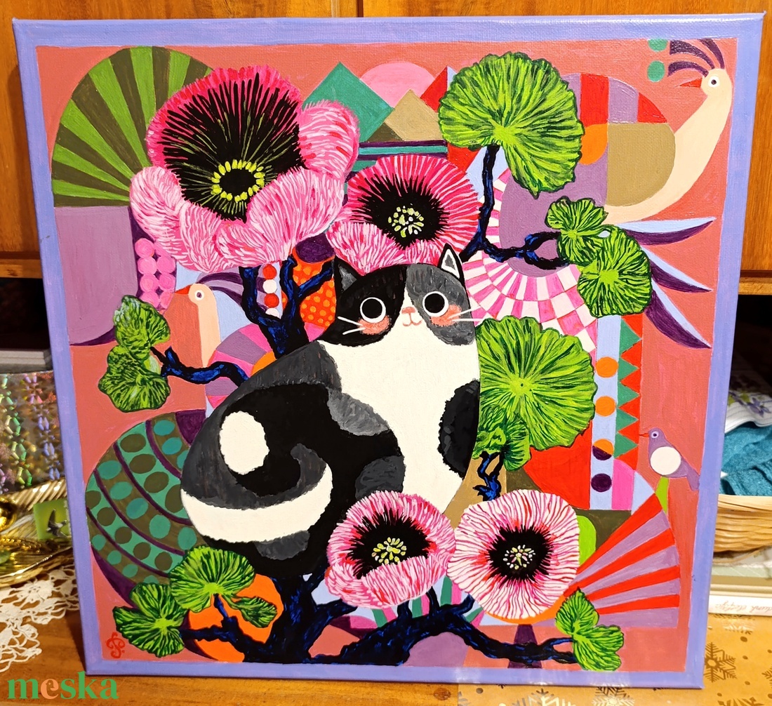 Cica Macska Cicó festmény: Színpompás dorombolás - művészet - festmény - akril - Meska.hu