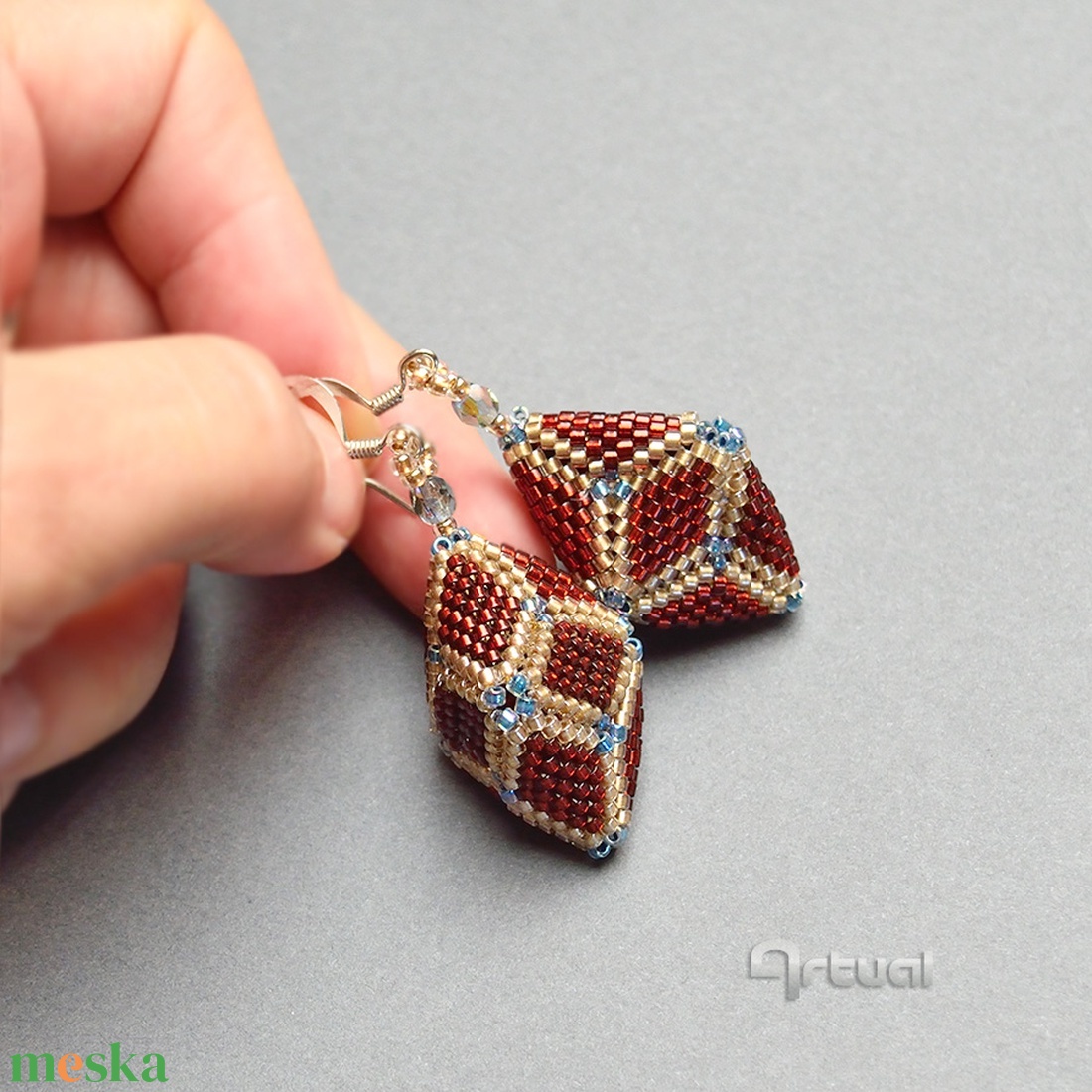 3D geometrikus rombusz alakú gyöngy fülbevaló  - ékszer - fülbevaló - lógó fülbevaló - Meska.hu