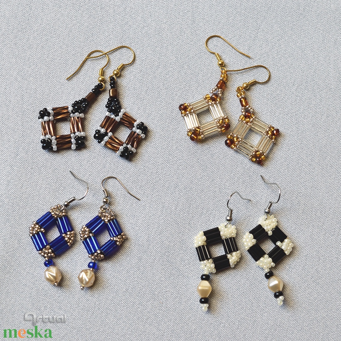 Filigrán geometrikus fülbevaló szalma-, és kásagyöngyökkel több színben - ékszer - fülbevaló - lógós kerek fülbevaló - Meska.hu